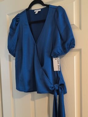 Nine West Blue Wrap Blouse with Side Tie